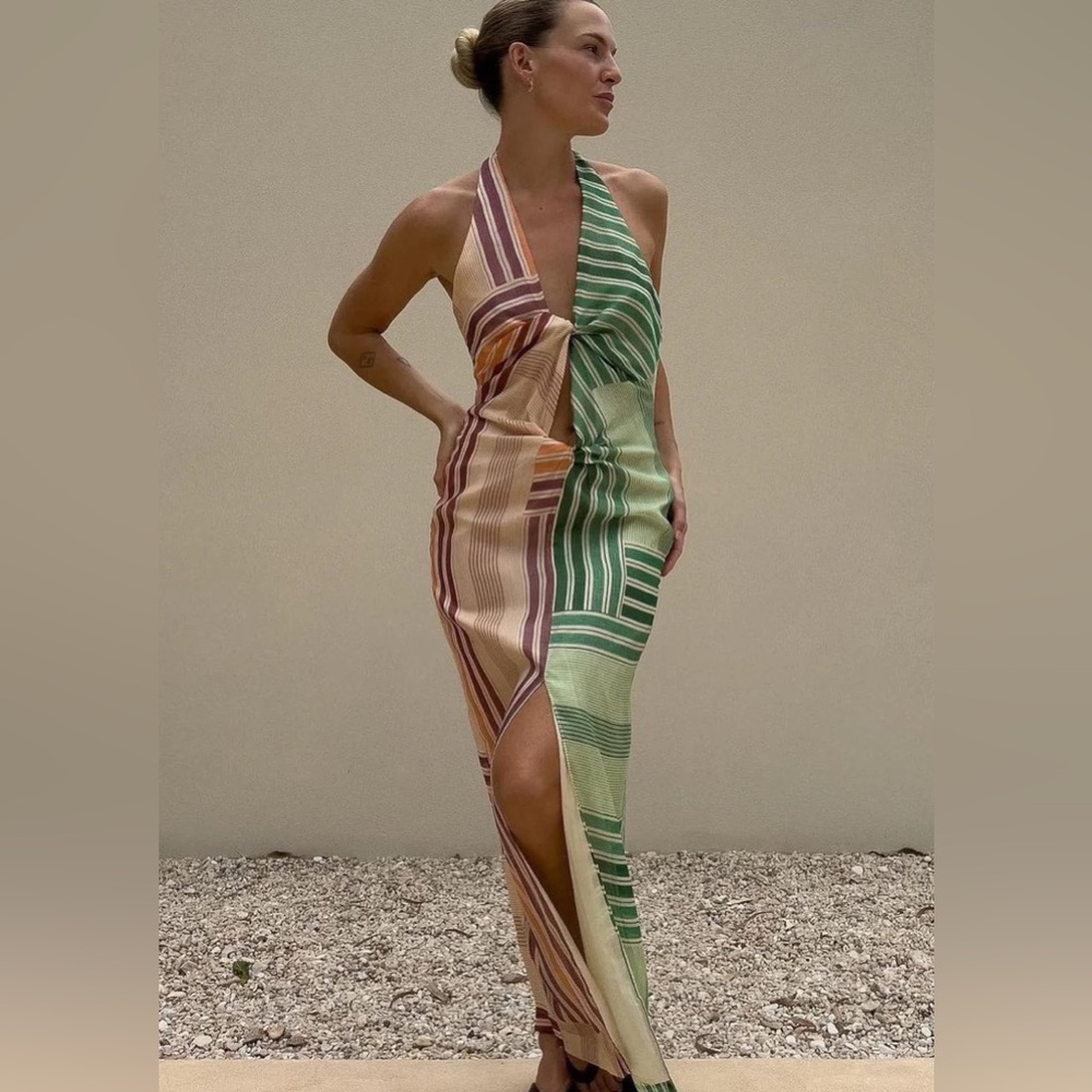 SIR THE LABEL Marisol Twist Midi Dress Multi Patchwork Stripe 4
Size 1